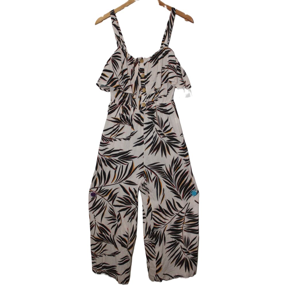 NWT Womens Lush Beige Black Yellow Floral Rayon Sleeveless Jumpsuit Size Small S